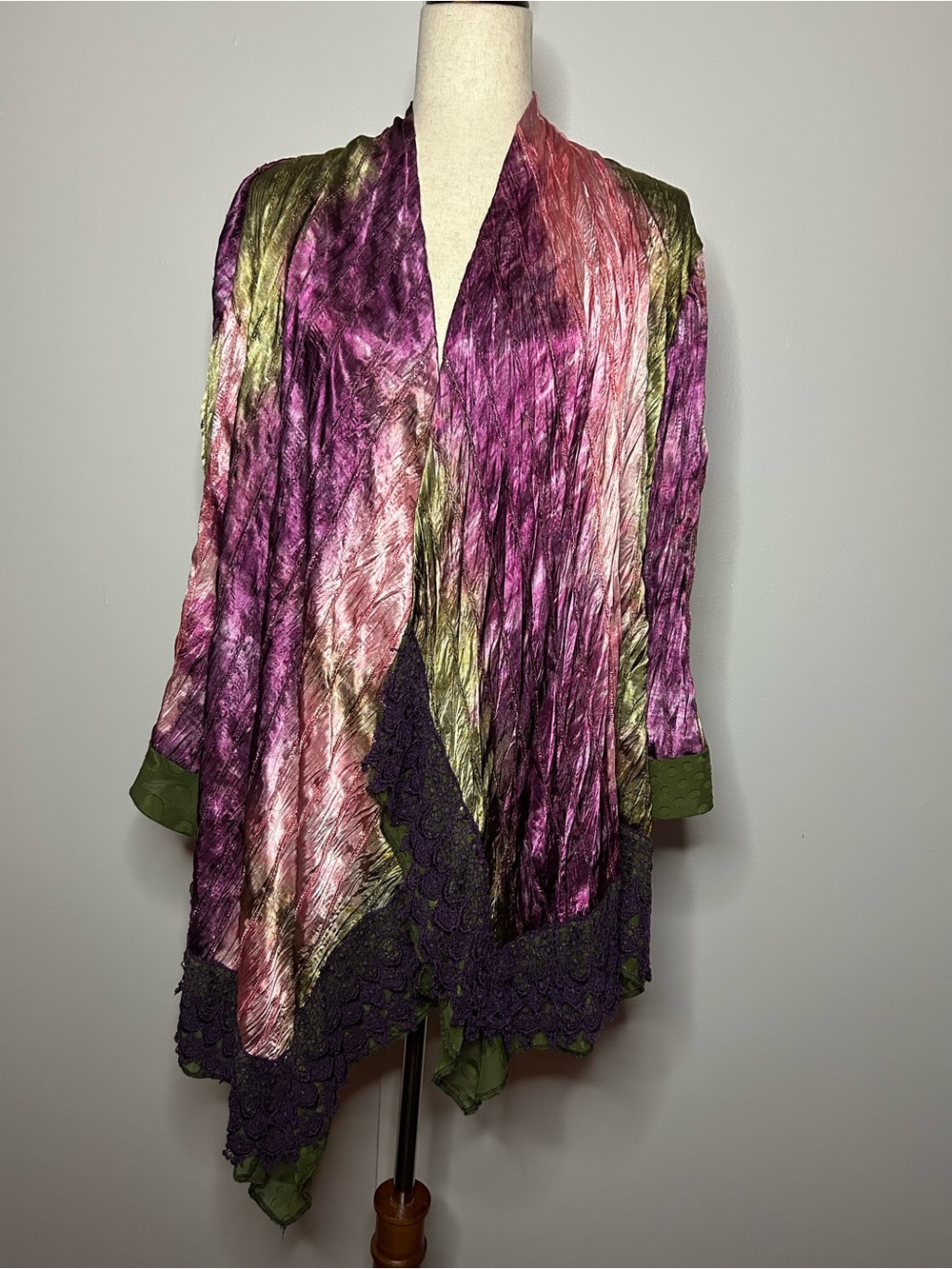 Pink Green Purple Texture Silky Long Sleeve Sequin Lace Trim Open Front Cardigan